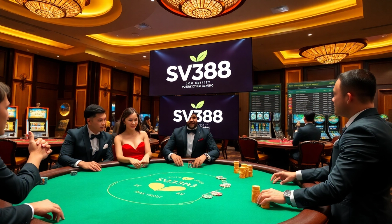Exciting gaming scene showcasing nhà cái SV388 poker action with colorful chips and online betting interface.