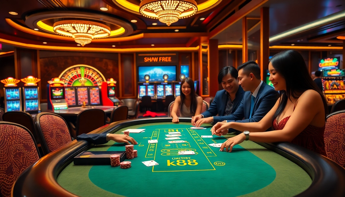 Engage in an exciting blackjack game at a luxurious casino table featuring kp88 poker chips and cards.