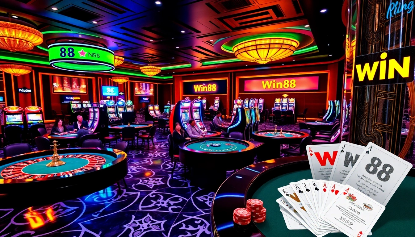 Experience the excitement of win 88 at vibrant casino tables with engaged gamblers.