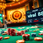 Viral88 players strategizing bets at a luxurious casino table with colorful poker chips and cards.