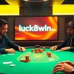 Online gambling scene featuring players at a poker table, showcasing luck8win.live brand.