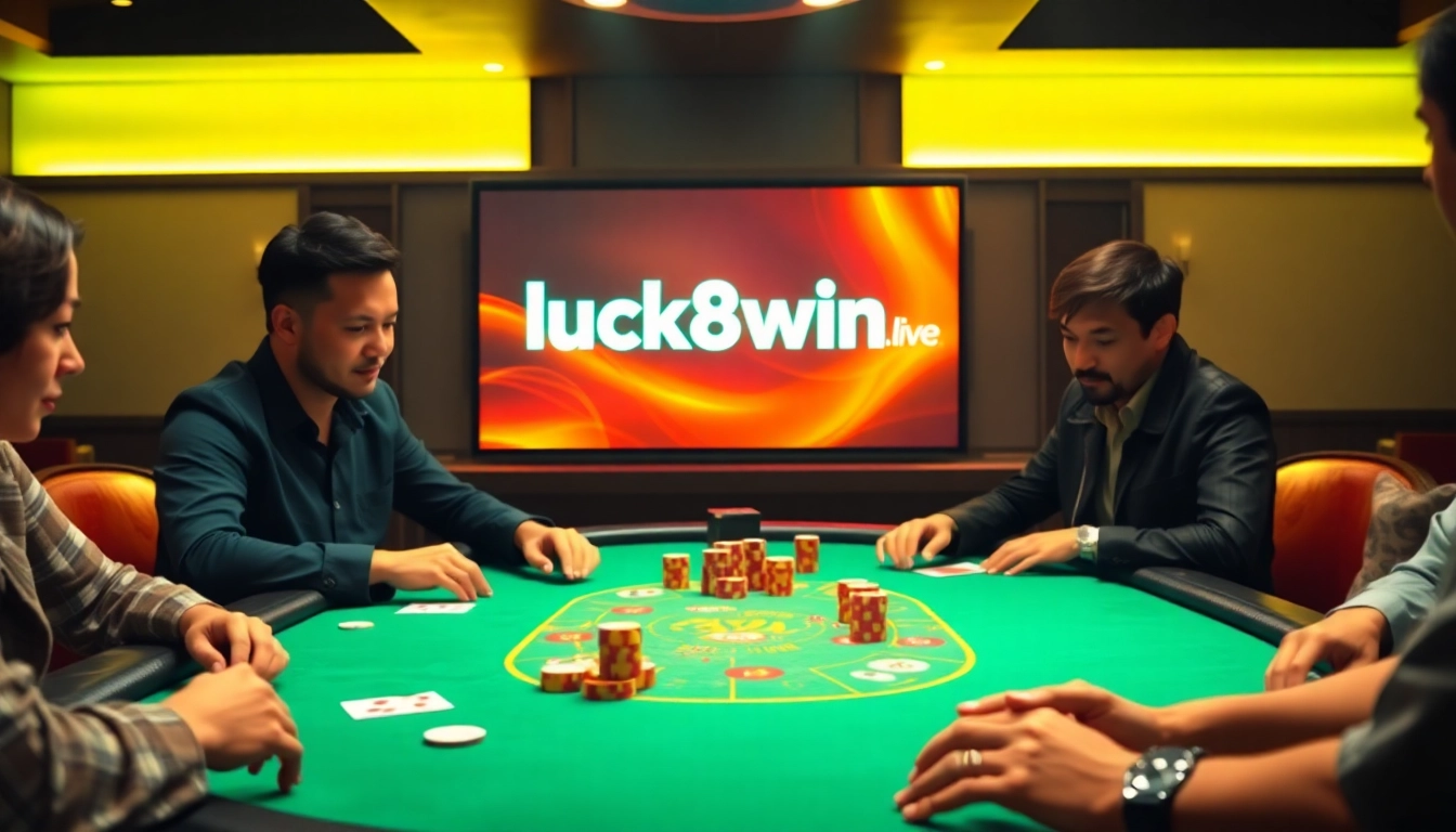 Online gambling scene featuring players at a poker table, showcasing luck8win.live brand.