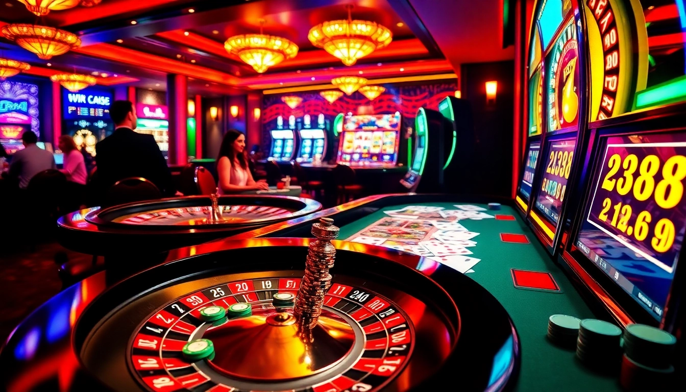 RR88 gambling excitement with roulette table and slot machine thrills in a luxurious casino setting