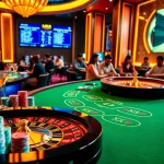 Players strategizing their bets at the MK8 casino, surrounded by vibrant poker chips and roulette wheels.