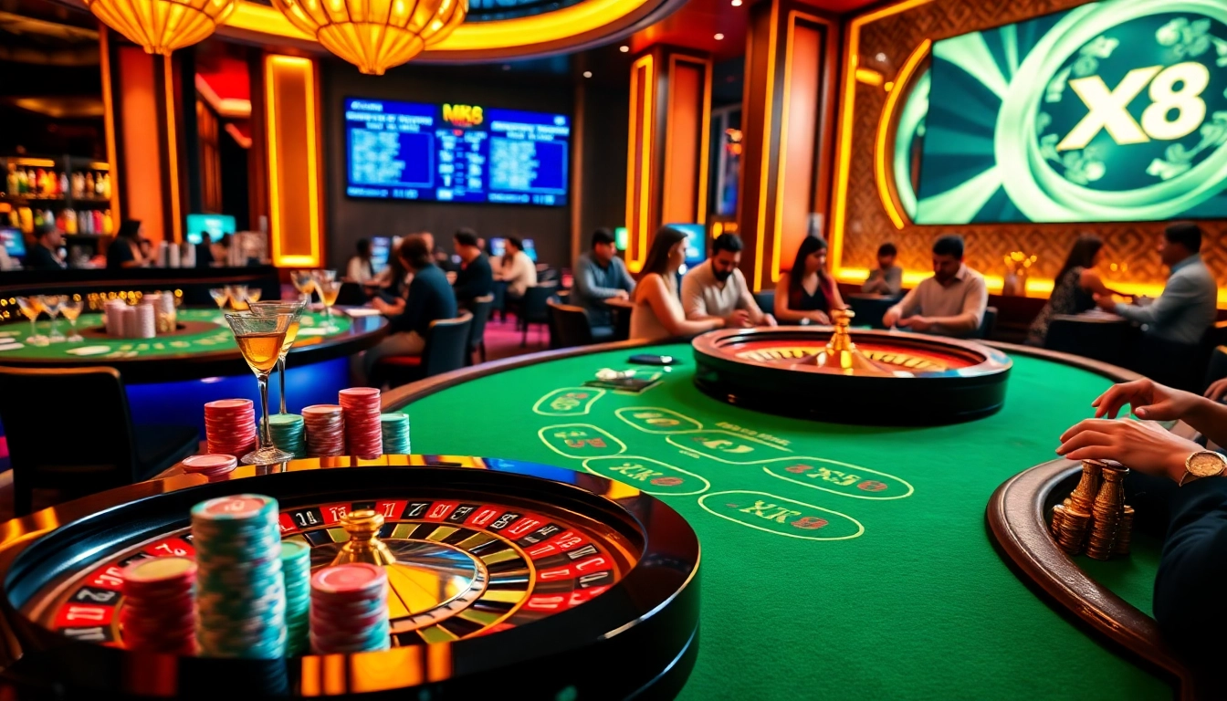 Players strategizing their bets at the MK8 casino, surrounded by vibrant poker chips and roulette wheels.