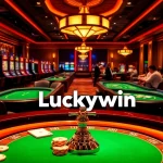 Engaged players enjoying games at a luxurious casino featuring the Luckywin logo.