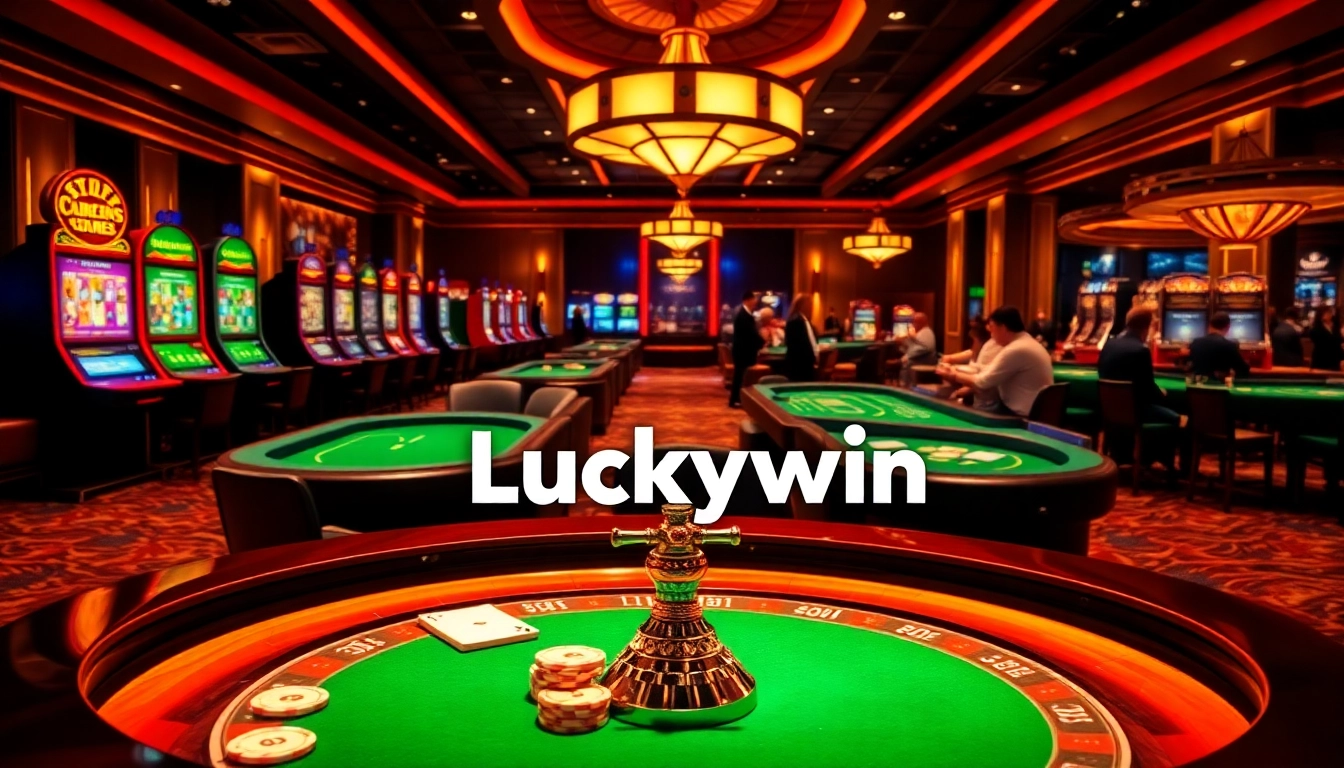 Engaged players enjoying games at a luxurious casino featuring the Luckywin logo.
