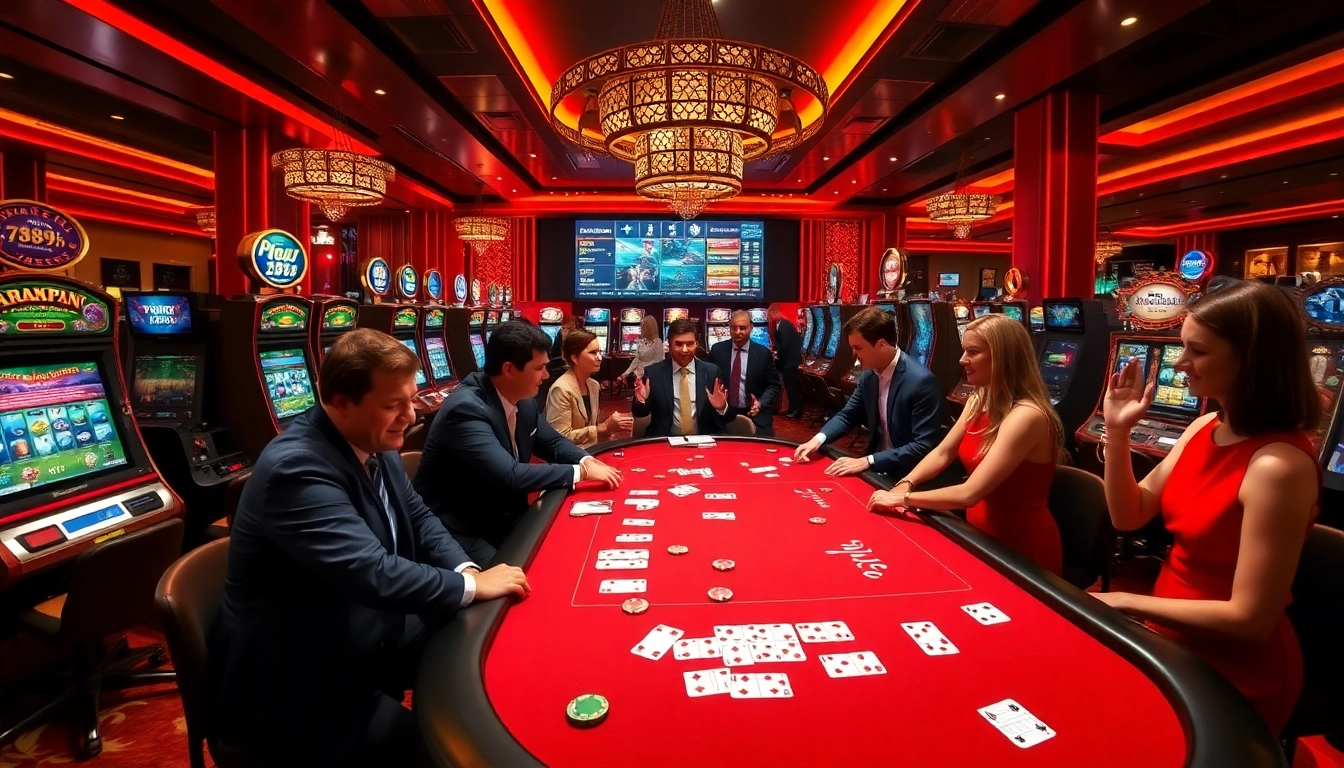 Players enjoying a thrilling game experience at 789f casino tables with vibrant chips and cards.
