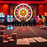 Kuwin logo displayed on a luxurious poker table amid vibrant casino excitement.