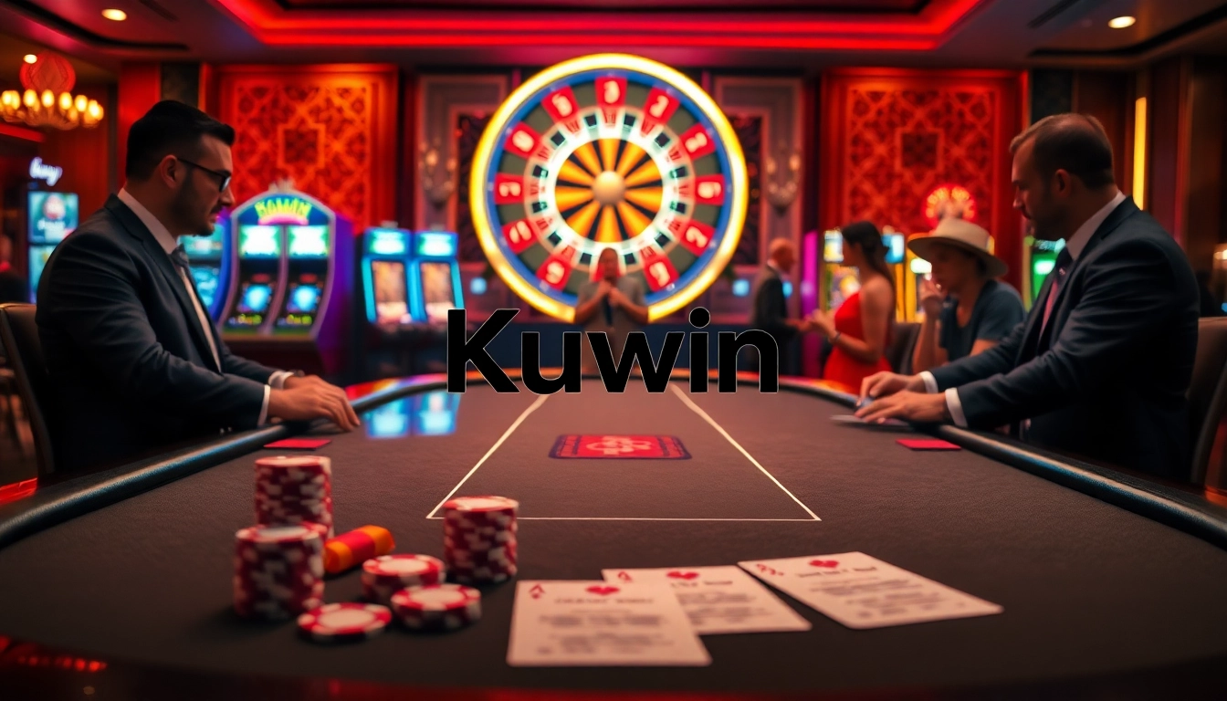 Kuwin logo displayed on a luxurious poker table amid vibrant casino excitement.