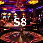 S8 casino setting with roulette table and excited players engaged in gameplay.