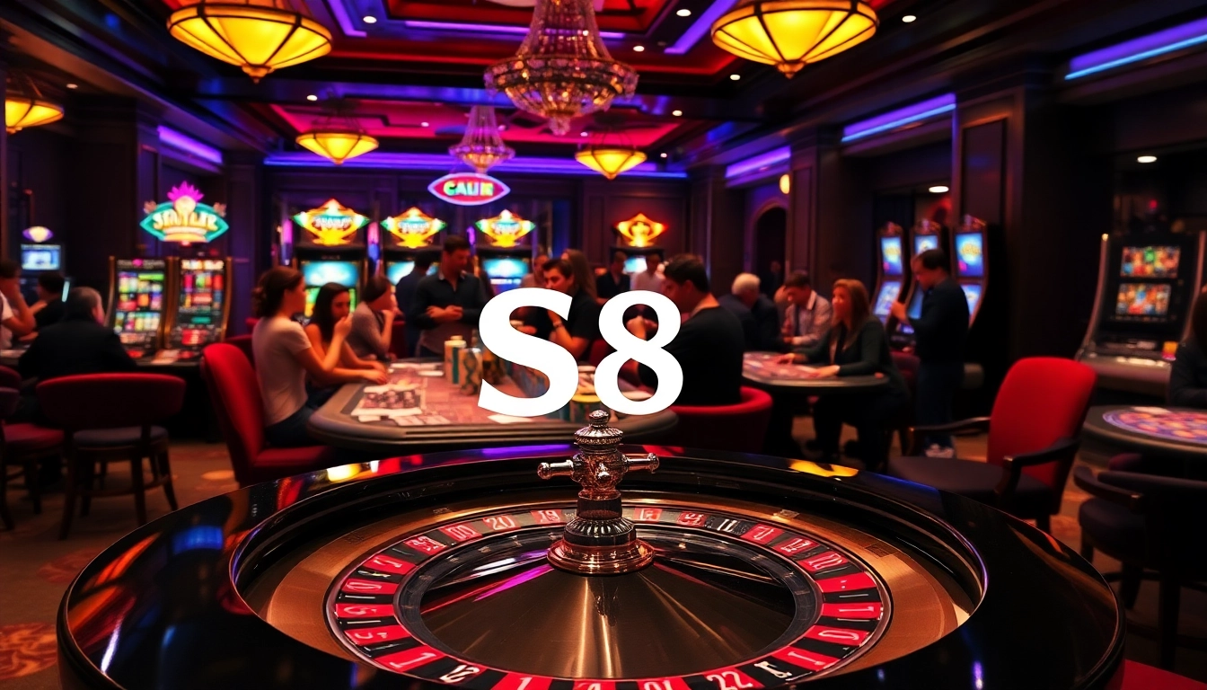 S8 casino setting with roulette table and excited players engaged in gameplay.