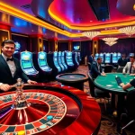 Experience the thrill of 388bet casino with vibrant slot machines and a lively roulette table.
