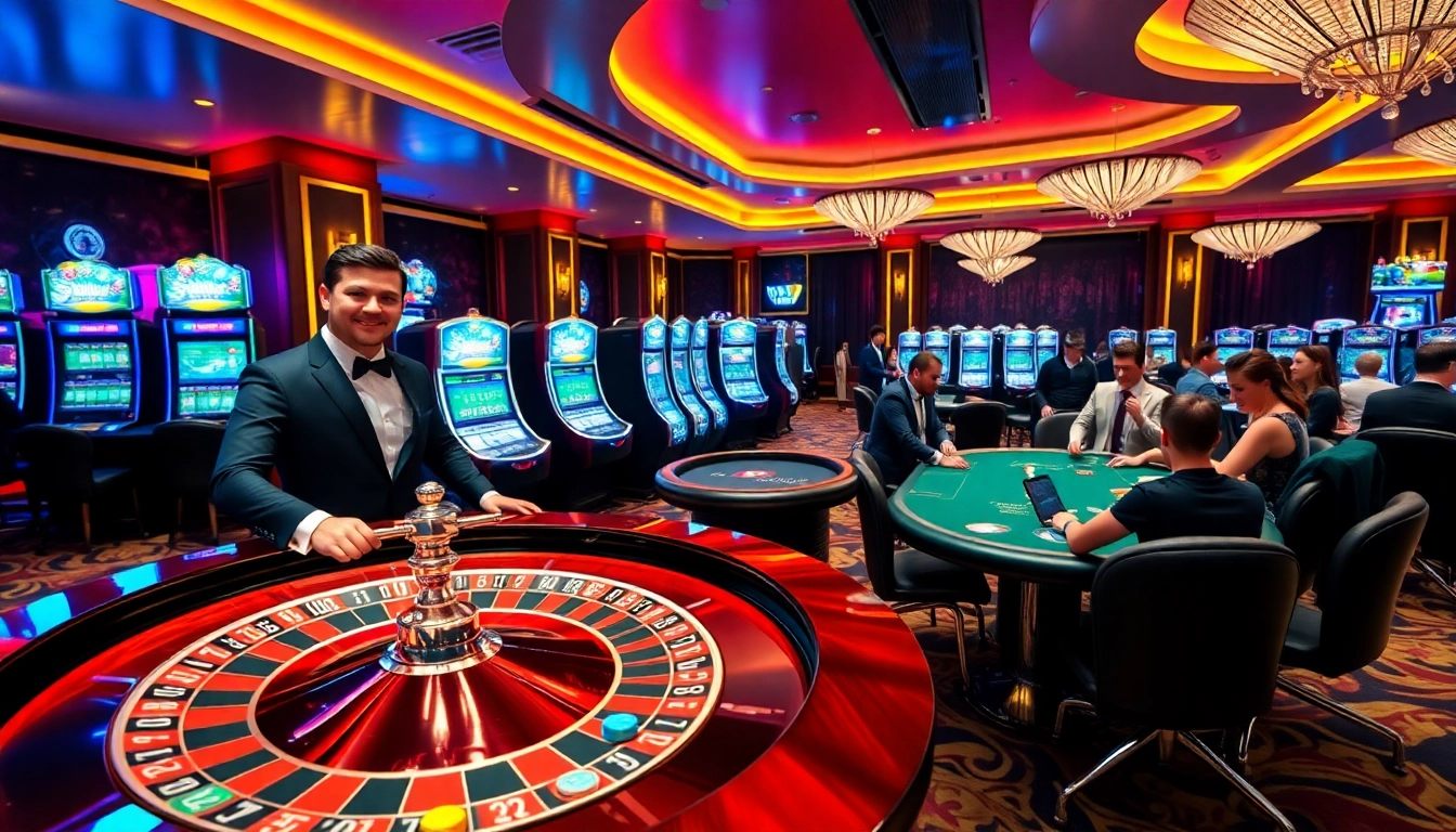 Experience the thrill of 388bet casino with vibrant slot machines and a lively roulette table.