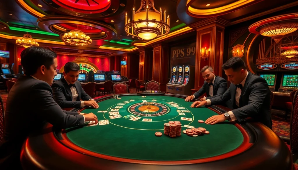 Exciting casino scene showcasing skilled gameplay at a poker table with PS 99 chips and cards.