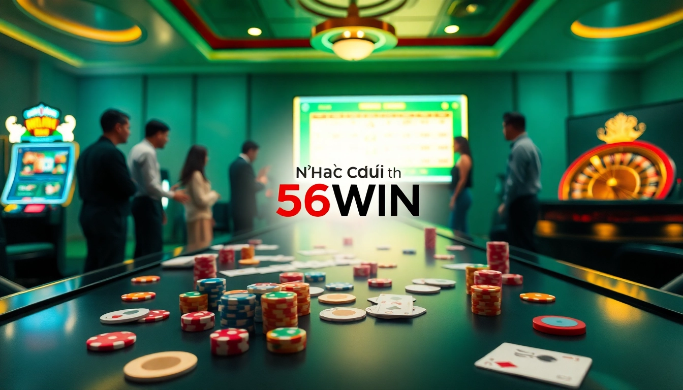 Players enjoying games at Nhà Cái 56WIN's online casino, featuring poker chips and a roulette wheel.