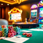 Engage in exciting casino games at link ev88 with vibrant poker chips and roulette wheels prominent in a luxurious setting.