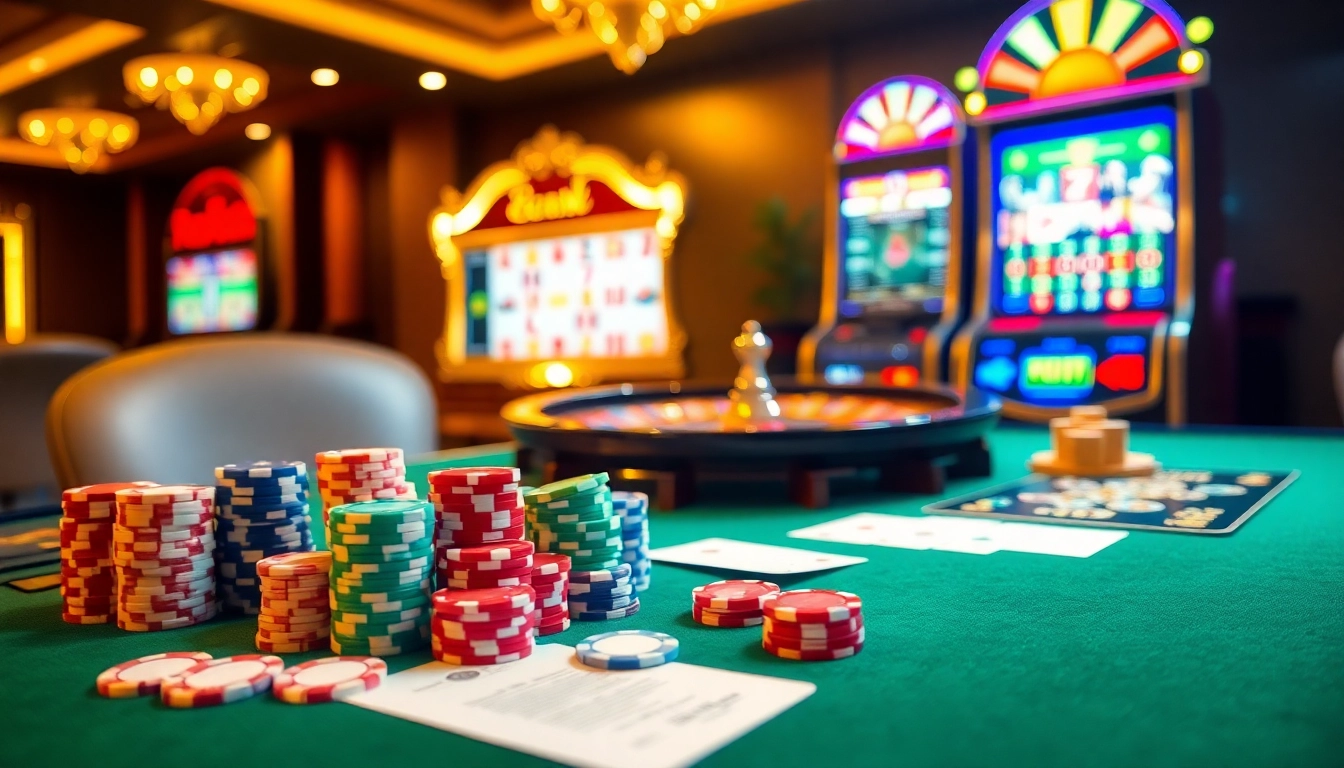 Engage in exciting casino games at link ev88 with vibrant poker chips and roulette wheels prominent in a luxurious setting.