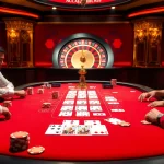 Players engaging in a high-stakes poker game at a luxurious casino table showcasing 88vv elements.
