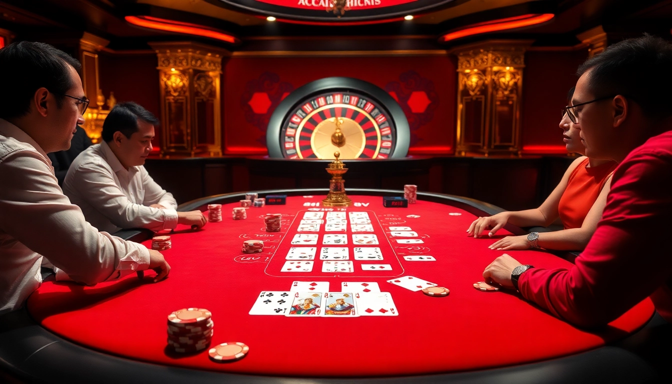 Players engaging in a high-stakes poker game at a luxurious casino table showcasing 88vv elements.