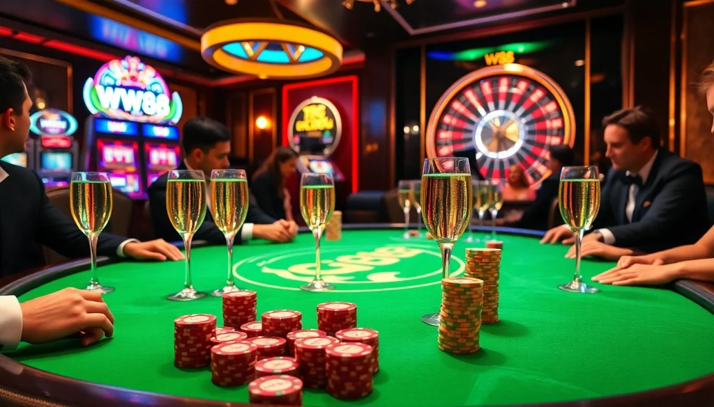 Players enjoying poker at WW88 with colorful poker chips and a glowing casino atmosphere.