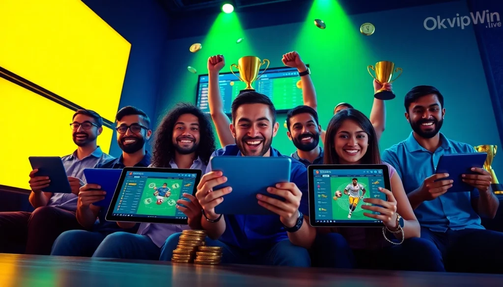 Discover the excitement of sports betting on okvipwin.live, featuring diverse players engaged with user-friendly interfaces.