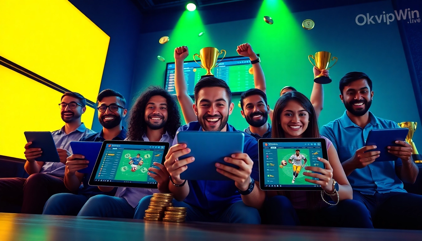Discover the excitement of sports betting on okvipwin.live, featuring diverse players engaged with user-friendly interfaces.