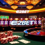 E2BET betting scene with poker chips and vibrant casino atmosphere.