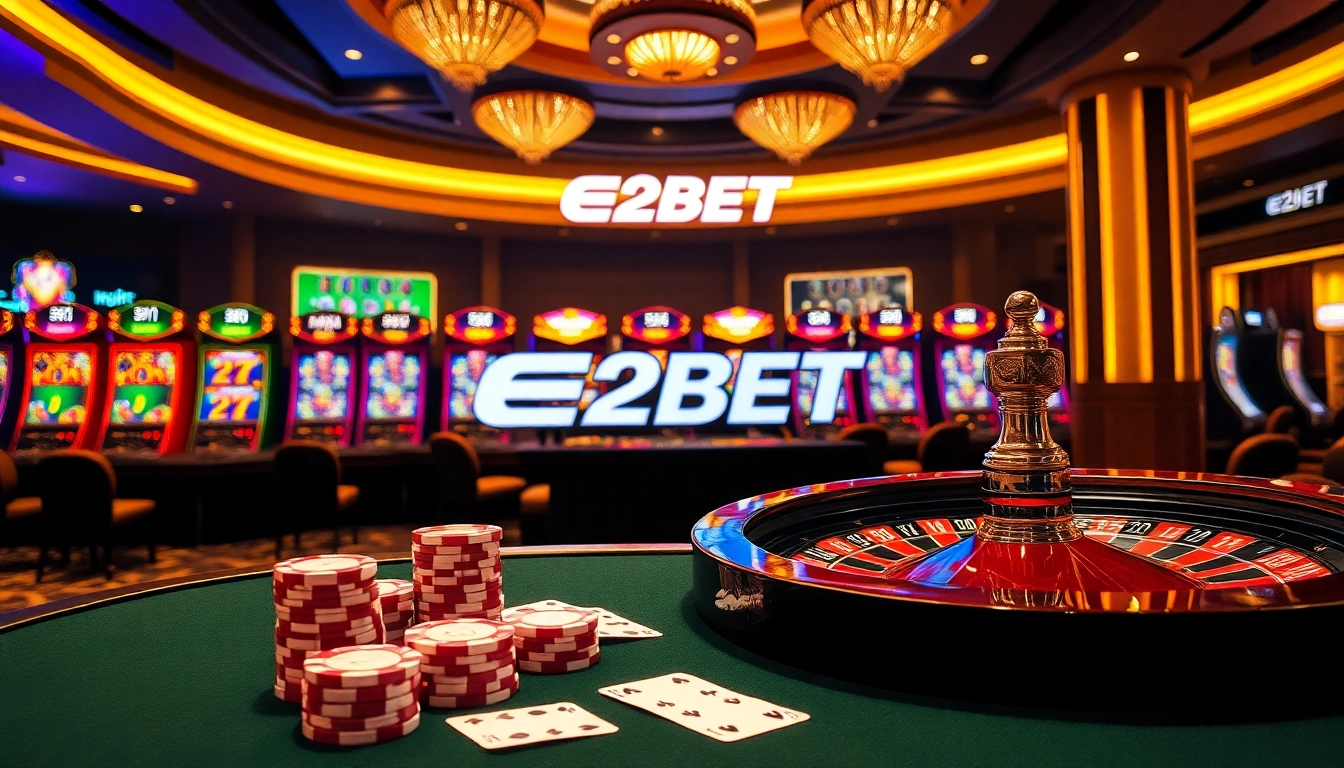 E2BET betting scene with poker chips and vibrant casino atmosphere.