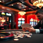 Engaging poker gameplay at a luxurious casino with lc88-themed decor and vibrant atmosphere.