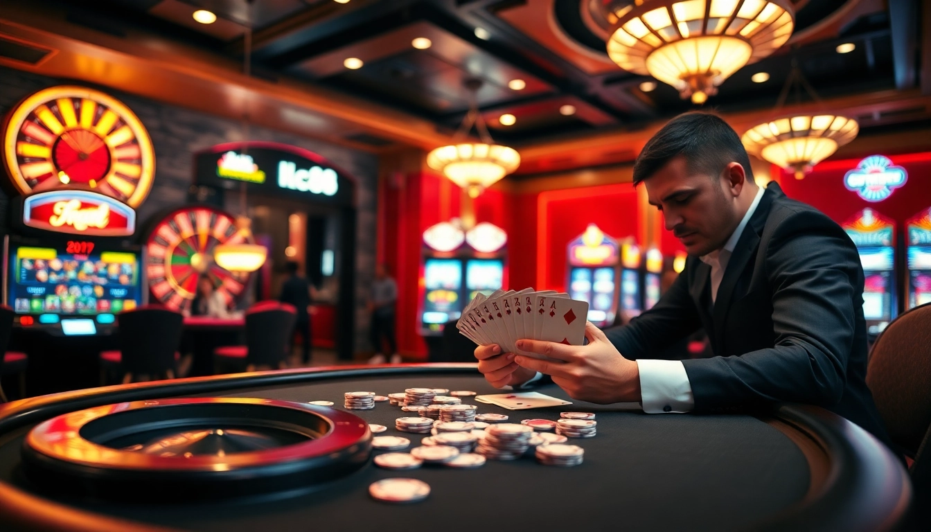 Engaging poker gameplay at a luxurious casino with lc88-themed decor and vibrant atmosphere.