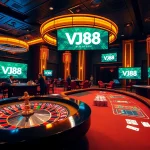 Experience the excitement of VJ88 in a luxurious casino setting with poker tables and colorful chips.
