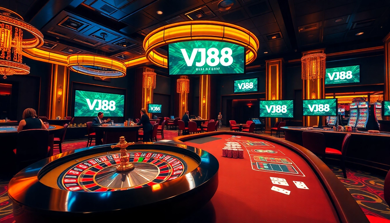 Experience the excitement of VJ88 in a luxurious casino setting with poker tables and colorful chips.