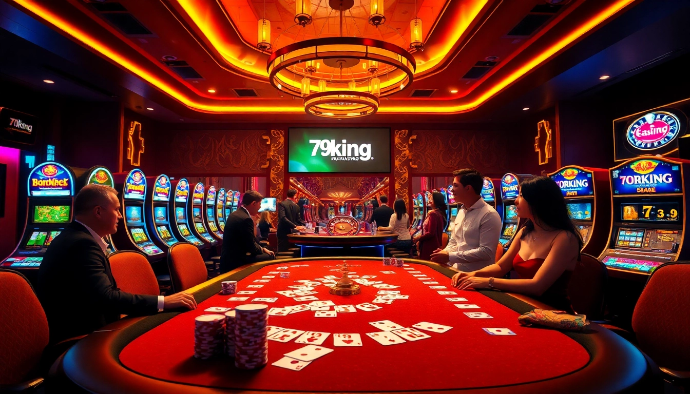 A lively casino scene showcasing players engaging in gaming at 79king, featuring cards, chips, and roulette.
