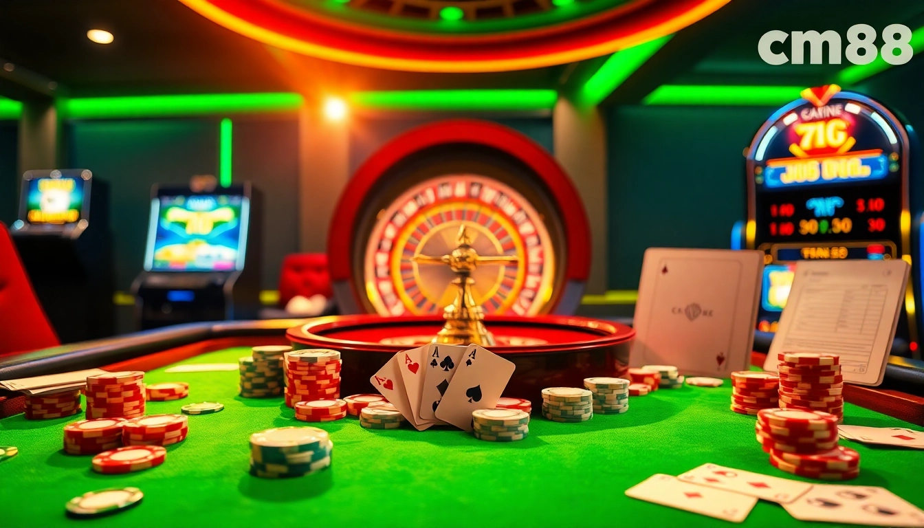 Experience the excitement of cm88 at a vibrant casino table filled with chips, cards, and a spinning roulette wheel.