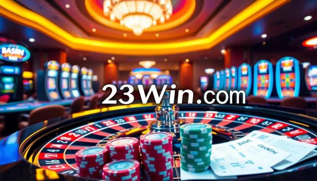 Experience the excitement of gambling with 23Win com's vibrant casino atmosphere featuring roulette and poker tables.