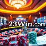 Experience the excitement of gambling with 23Win com's vibrant casino atmosphere featuring roulette and poker tables.