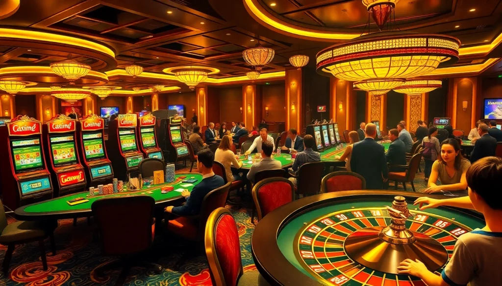 Engaged players enjoying the exciting gaming experience at Luckywin casino, featuring vibrant tables and slot machines.