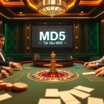 Experience the excitement of Tài Xỉu MD5 at a luxurious casino table with vibrant lighting.