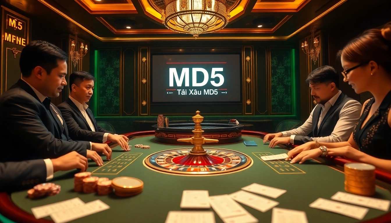 Experience the excitement of Tài Xỉu MD5 at a luxurious casino table with vibrant lighting.