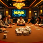 Engaging poker players at a luxurious 98WIN casino table under golden lighting.