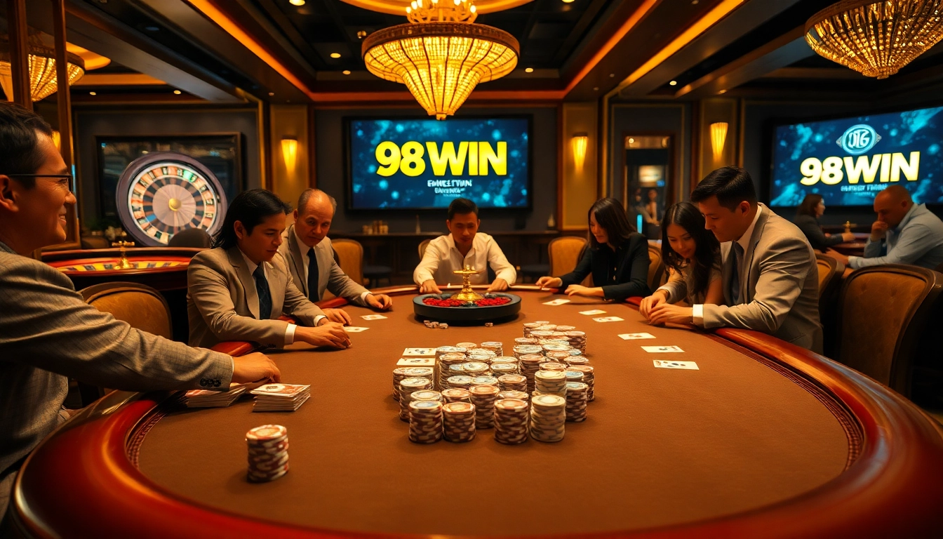 Engaging poker players at a luxurious 98WIN casino table under golden lighting.