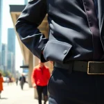 Personal security guard standing confidently in an urban setting, ensuring safety amidst the city.