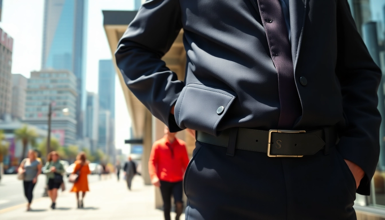 Personal security guard standing confidently in an urban setting, ensuring safety amidst the city.