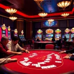 Intense poker showdown at S8 casino table with vibrant slot machines in the backdrop.