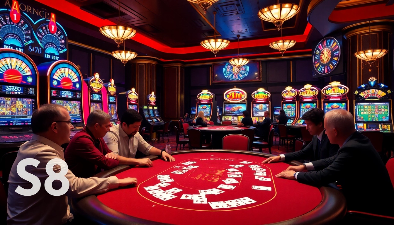 Intense poker showdown at S8 casino table with vibrant slot machines in the backdrop.