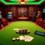 Players gather around an EM777 poker table, surrounded by vibrant slot machines in a luxurious setting.