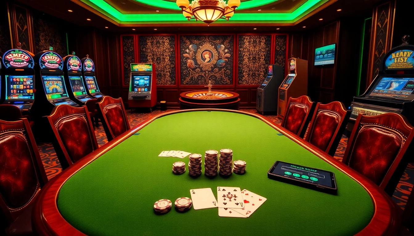 Players gather around an EM777 poker table, surrounded by vibrant slot machines in a luxurious setting.