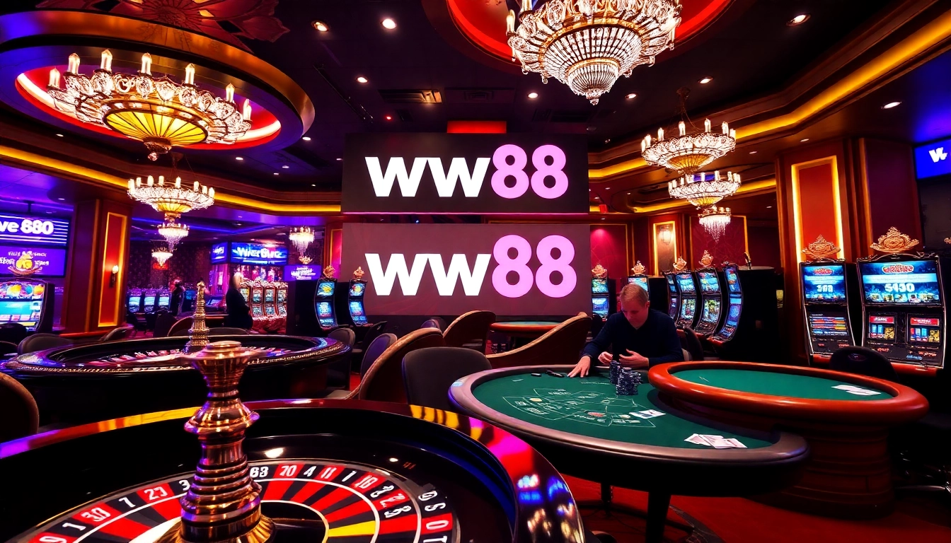 Players enjoying games at ww88 casino, featuring vibrant slot machines and poker tables.