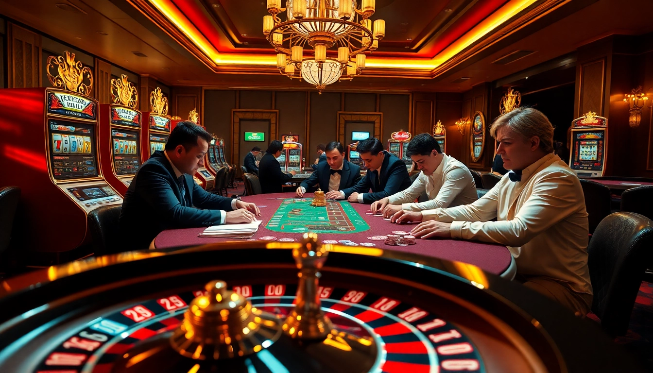 Nk88 casino scene showcasing thrilling poker action with vibrant slot machines.